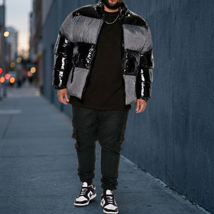 Chaqueta de Invierno para Hombre, Acolchada, con Cuello Alto, Bloques de Color, Recubrimiento de PU, Resistente al Viento, Estilo Urbano, Corte Regular, Cierre de Cremallera, Aislamiento Grueso - Product Image 2