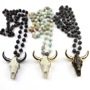 Wholesale Ethnic Cowboy Stone Beads Cow Head Necklace Bull Pendant Necklace Sweater Chain