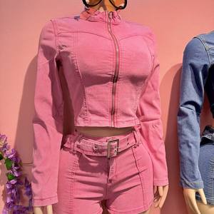 <span class=keywords><strong>Ensemble</strong></span> 2 pièces décontracté en jean <span class=keywords><strong>gris</strong></span> rétro 2026 pour <span class=keywords><strong>femme</strong></span> : haut à manches longues et short assorti avec ceinture, en tissu respirant et écologique - Product Image 4