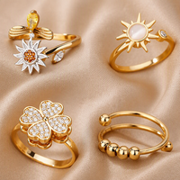 Bagues anti-stress Fidget Spinner plaquées or 18 carats, ajustables, avec perles motif fleur, trèfle, soleil, abeille, bague ouverte, bijoux en gros pour femmes