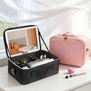 Bolsa de maquillaje con espejo cosmético, estuche de viaje portátil de gran capacidad con luz Led para almacenamiento en el hogar, cierre con cremallera de forma cuadrada - Product Image 1