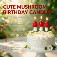 Adorables bougies d'anniversaire en forme de champignon, décorations rouges et blanches à pois pour la table de desserts de la fête de naissance