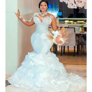 <span class=keywords><strong>Robe</strong></span> de mariée sirène sur mesure grande taille avec volants, traîne, manches longues scintillantes, perles et cristaux, style arabe Aso Ebi - Product Image 1