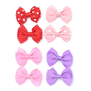 2 Pieces/sets Handcrafted Factory Wholesale Cute Printed Ribbon Bow With White Dot Lace Girl Kids Hairpin