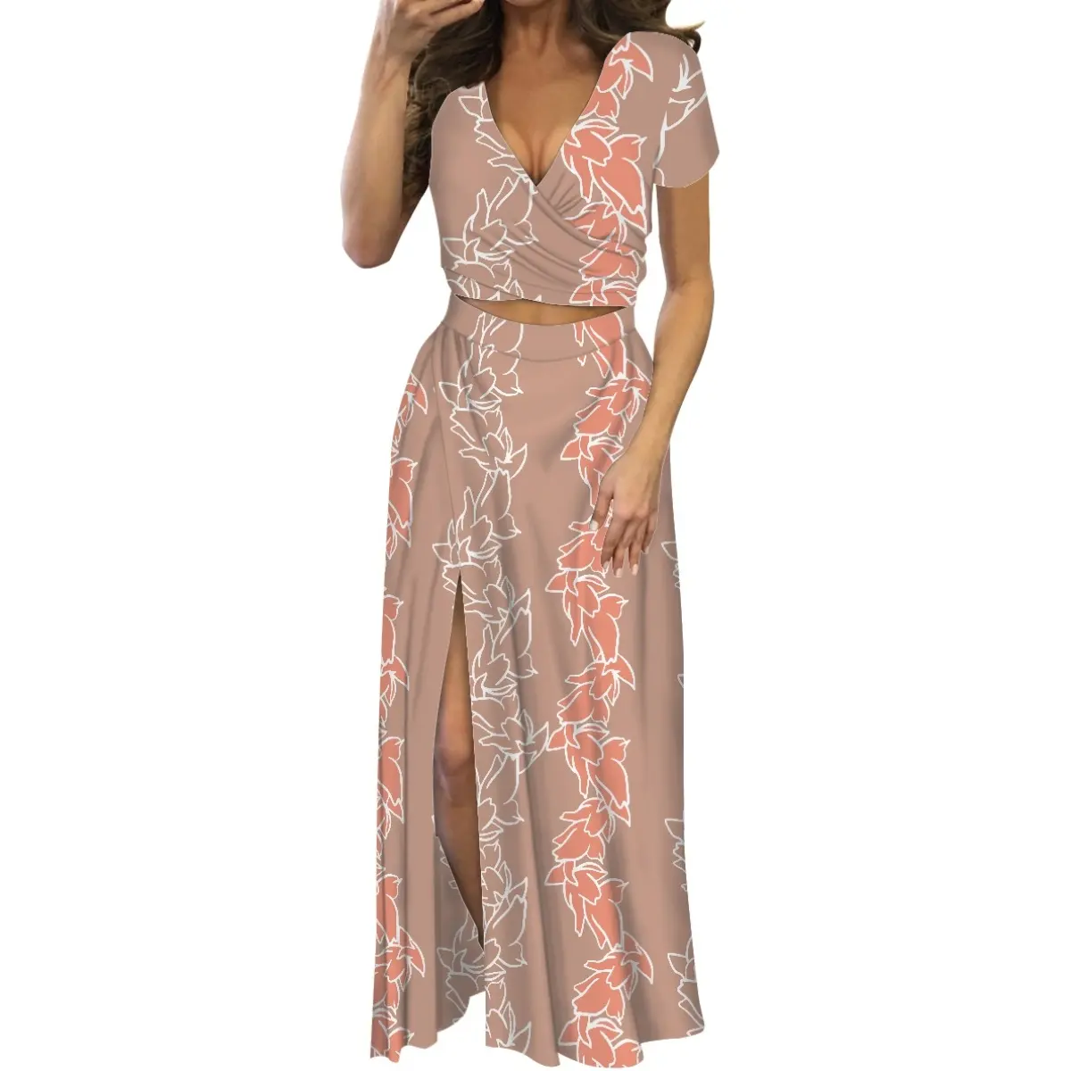 Son tasarım V boyun yarık etek iki parçalı setleri kadın elbise Pua çiçek dalga sanat baskı kısa kollu uzun etek Suit