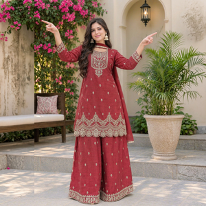 Conjunto Kurti Sharara de Tela Roja con Lentejuelas Doradas Zari, Cuello con Recortes, Daman Festoneado y Dupatta - Product Image 1