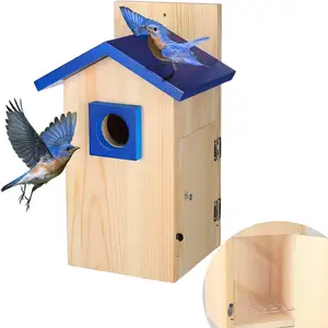 Easy Cleaning Sturdy Thick Paulownia Wood Blue Bird Viewing Nesting Box Wooden Bluebird Birds Houses for Outside