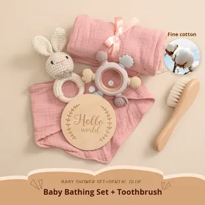 Nouveau-né <span class=keywords><strong>naissance</strong></span> <span class=keywords><strong>cadeau</strong></span> ensemble bois doux lapin jouet pleine lune cent jours serviette de bain anneau de dentition hochet pour bébé - Product Image 2