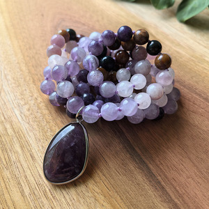 โรสควอตซ์ธรรมชาติ, เลพิโดไลต์, สร้อยคอมาลาอเมทิสต์, จัปามาลาสำหรับทำสมาธิแบบผูกปมด้วยมือ <span class=keywords><strong>108</strong></span> เม็ด, คริสตัลบำบัด, ของขวัญสำหรับการทำสมาธิโยคะ - Product Image 4