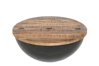 Table basse ronde en fer/WD, noire, avec plateau en tôle métallique naturelle et bois de manguier Aara, collection prix de gros
