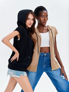 <span class=keywords><strong>Sweat</strong></span> à <span class=keywords><strong>capuche</strong></span> <span class=keywords><strong>zippé</strong></span> sans manches pour femmes personnalisé décontracté coupe ample sweats à cordon vestes légères XS lavé tricoté hiver - Product Image 4