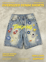 Shorts en jean taille mi-haute à jambe large, 100% coton, style Y2K vintage, colorés, avec patchs astronautes et broderies en cristal, personnalisables OEM, écologiques