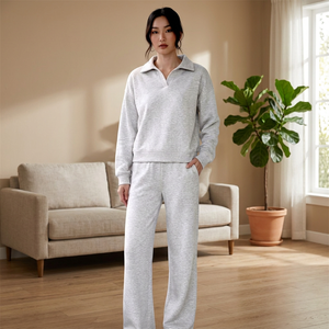 Ensemble 2 pièces en tricot gris pour femme, coupe ample, manches longues, couleur unie, col rabattu, sweat-shirt respirant en polaire - Product Image 3