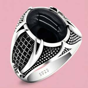 Anelli Islamici Retrò Punk, Gioielli Musulmani di Tendenza, Anello Vintage Turco con Doppia <span class=keywords><strong>Spada</strong></span> e Pietra Nera per Uomo - Product Image 3