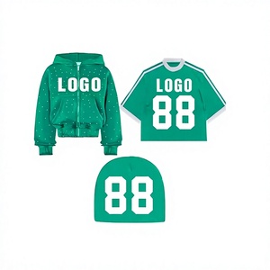 Sudaderas con capucha premium de peso pesado con cremallera y gorras de estilo urbano, camisetas holgadas de moda, chándales de algodón suave con estampado de pedrería lavado. - Product Image 1