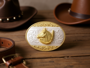 Fibbia Rotonda Dorata Milee 4,5 cm Vintage con Testa di Cavallo in Lega Placcata per Abbigliamento Western - Product Image 2