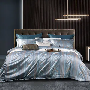 Penutup selimut jacquard biru mewah baru populer 100% katun ukuran king seprai tempat tidur kuning set produsen