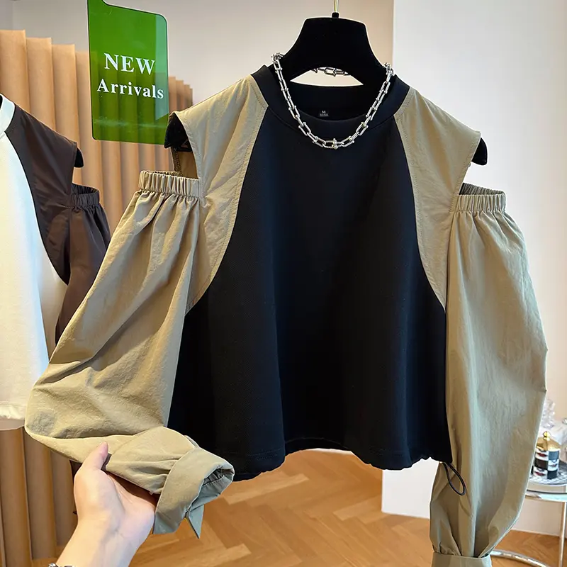 Vente en gros 2023 Automne Nouveau Design Senses Chemises petites et amples à épaules dénudées Manches raglan Épissage Sweats courts pour femmes