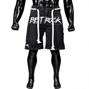 Shorts en jean noir pour homme Best Rock, style cargo, respirant, imperméable, avec cordon de serrage en corde blanche, taille mi-haute, décontracté, pour l'été - Product Image 1