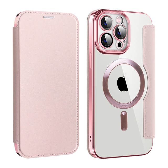 Luxury Magnetic Leather Wallet Case for IPhone 16 15 14 Pro Max With Card Holder Wireless Charging Transparent Back Anti-drop
