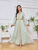 Robe de soirée vintage pour femmes musulmanes, style Moyen-Orient, Dubaï, longueur mi-cuisse, col en V, motif floral, silhouette naturelle en A