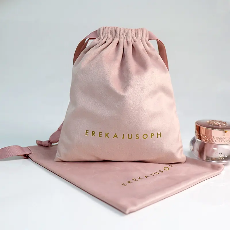Custom Pink Drawstring Luxo Velvet Pouch Velour Jóias Pouh Bag para Perfume Cosmético