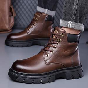 Bottes Martin pour hommes, bottes de travail chaudes d'hiver, bout rond, cuir, doublure en fourrure, semelle en caoutchouc isolante - Product Image 2