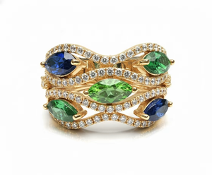 Anillo de Diamantes con Múltiples Piedras Preciosas, Anillo de Diseño en Oro, Estilo Zafiro Azul y Esmeralda, Joyería de Lujo para Boda, Anillo de Declaración - Product Image 2