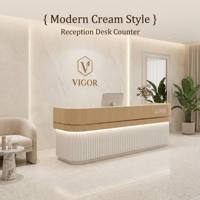 Comptoir de réception incurvé de style crème moderne, avec façade cannelée et éclairage LED, pour salon de beauté, spa, clinique