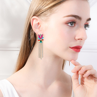 Boucles d'oreilles pendantes bohèmes en zircon CZ, motif fleur, avec perles et pampilles, ornées de pierres précieuses colorées et de diamants