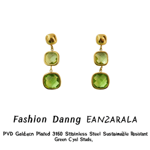 Fashion Dangle <b>Earrings</b> PVD Gold Plated 316L Stainless Steel Sustainable Resistant Green <b>Crystal</b> <b>Studs</b> - Product Image 2