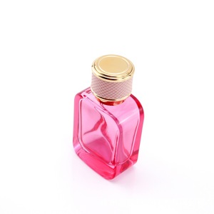 Square Glass Perfume <b>Bottle</b> with Brown Leather Cap and Gold Trim 50ml Empty Clear Red Color Options - Product Image 3