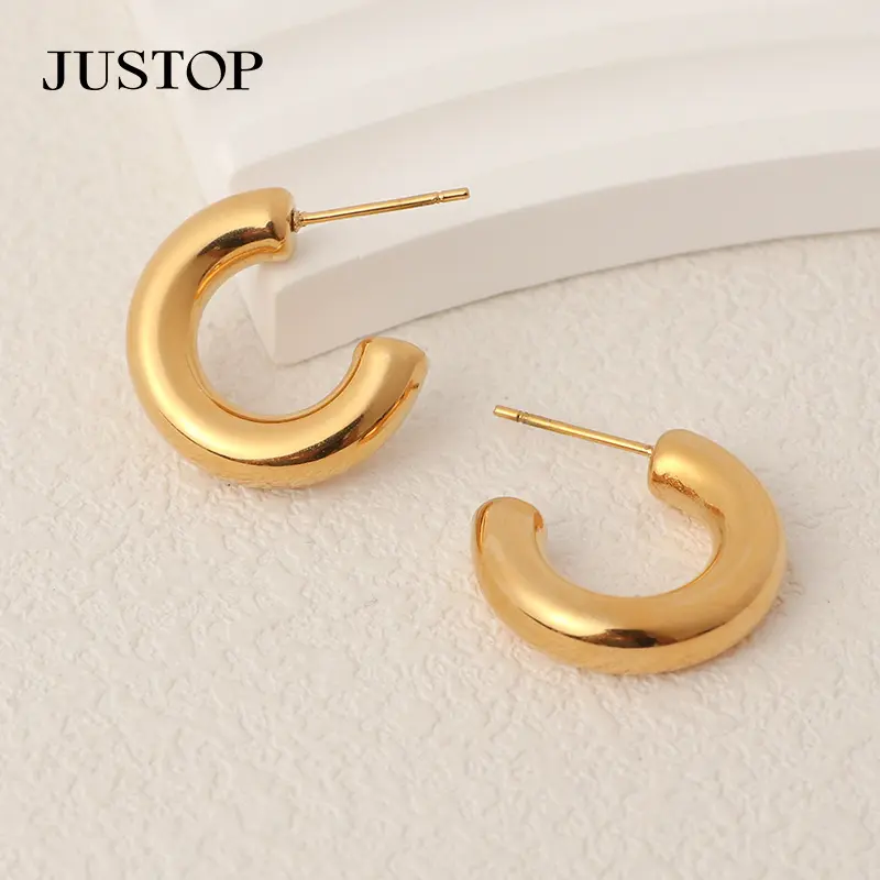 JUSTOP Acero inoxidable exagerado geométrico C forma pendientes moda Cool Metal chapado en oro pendientes