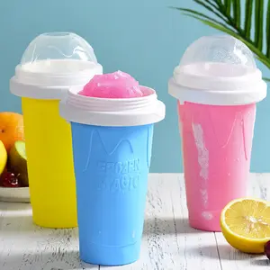 Reusable Double Layer Squeeze Smoothie Silicone Cup Magic Quick Freeze Cooling Mud Maker Ice Cup with Lid and Straw All in One