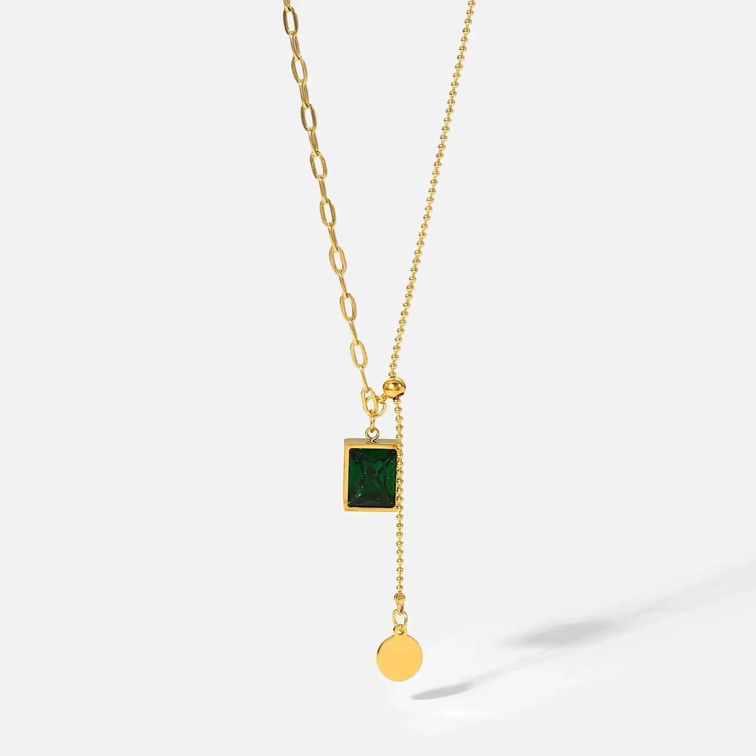 European And American New Square Green Zircon Pendant Bead Chain Spliced Y-shaped 18K Gold Necklace