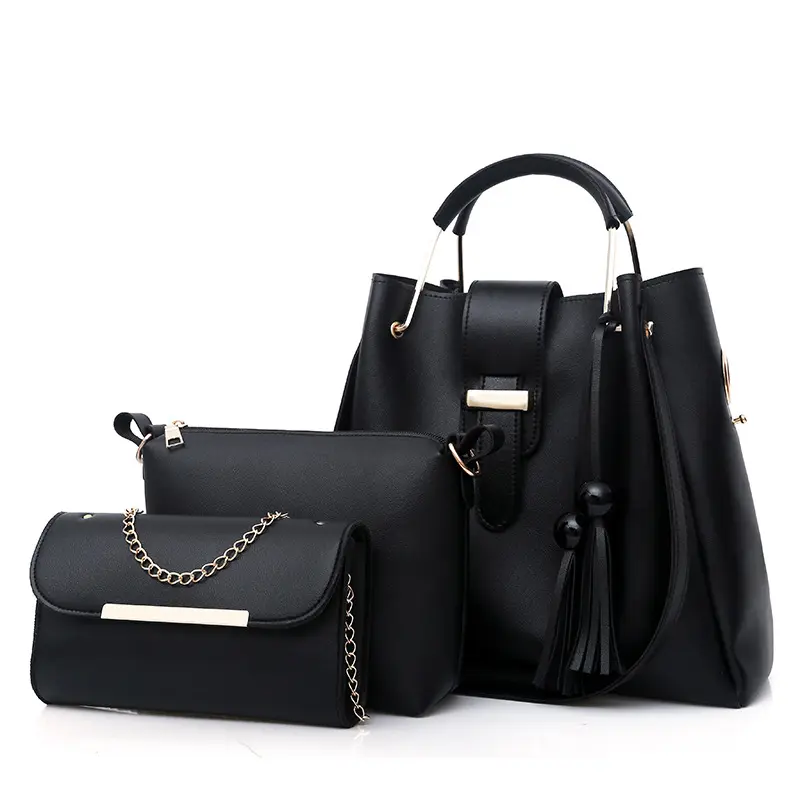 KALANTA OEM/ODM Wholesale Purse Designer Brand Large 2022 Fashion women Trend 3 Pieces China Bag Black Pu Leather Handbag Sets