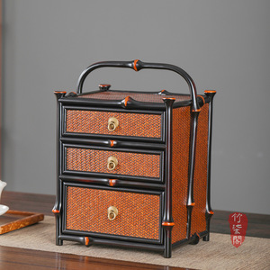 Bamboo <b>Tea</b> Cabinet Lacquered Three Tier Portable Storage <b>Box</b> Chinese Style Desktop Organizer - Product Image 1