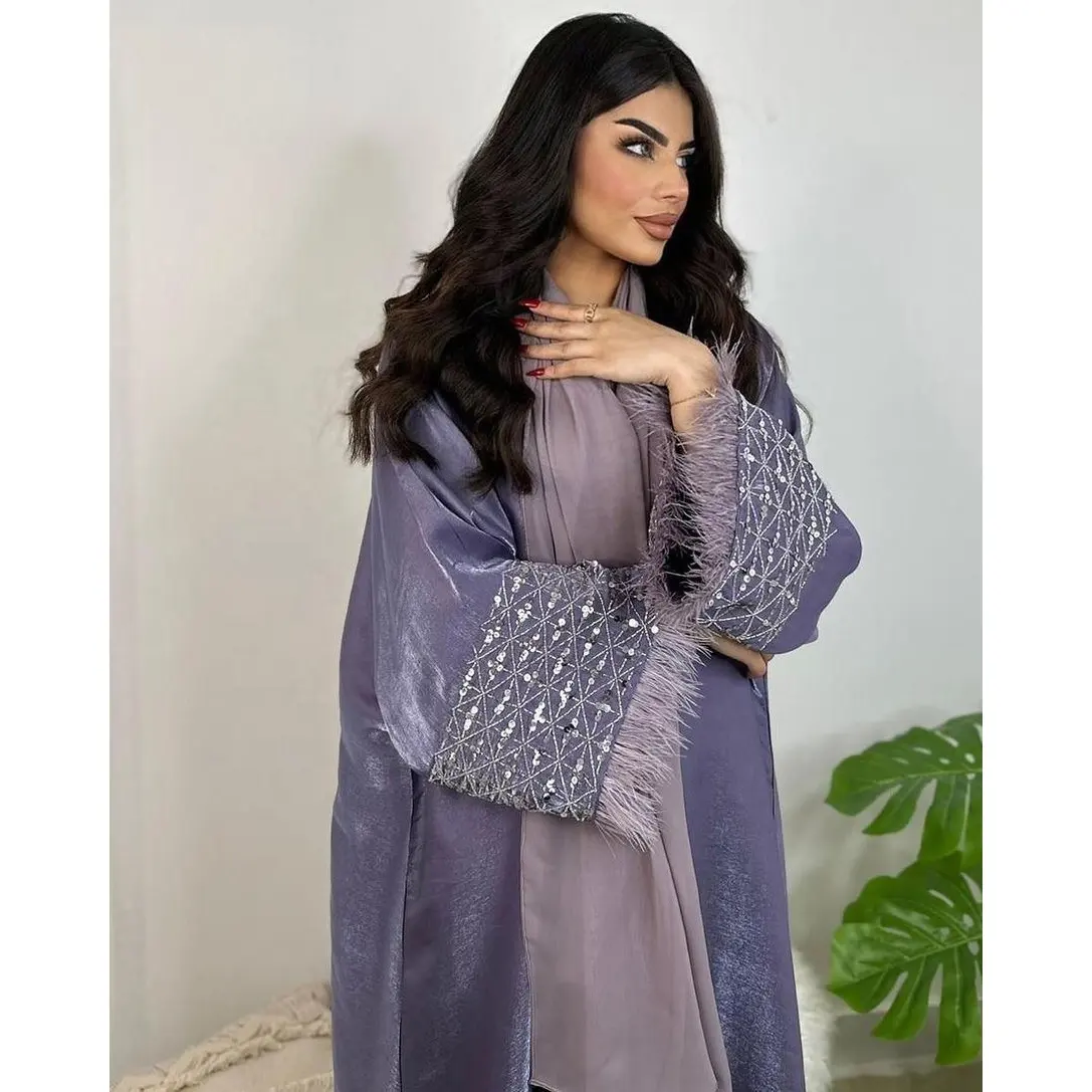 2 Piece Middle east Dubai Gulf Ramadan Shiny Luxury Embroidery Islamic Muslim Feather Abaya With Hijab