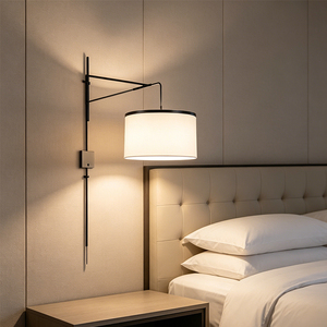 Lampada da Parete Singola per Hotel, Montaggio a Muro, <span class=keywords><strong>Braccio</strong></span> Orientabile Regolabile, <span class=keywords><strong>Applique</strong></span> <span class=keywords><strong>con</strong></span> Paralume in Tessuto a Tamburo - Product Image 2