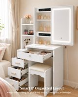 Coiffeuse rose avec miroir LED et station de charge intégrée, armoire de rangement modulaire avec panneau perforé pour chambre d'adolescent.