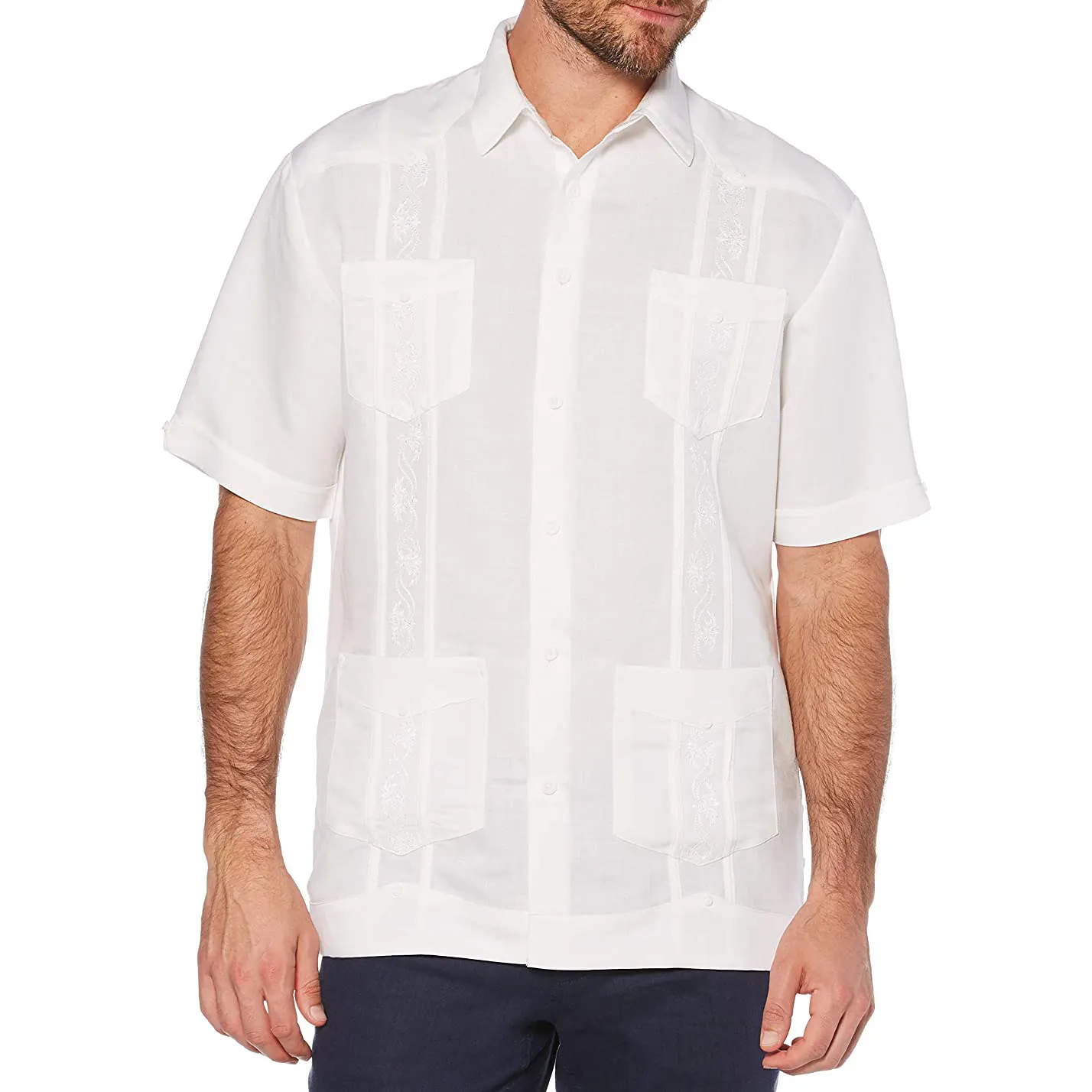 Áo Ngắn Tay Thêu Phong Cách Guayabera Cotton Polyester Cao Cấp Cho Nam