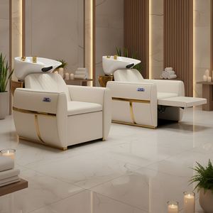 Sillón de Peluquería Contemporáneo de Cuero Sintético Blanco con Lavabo de Cerámica y Reposapiés Plegable, Muebles de Salón - Product Image 1