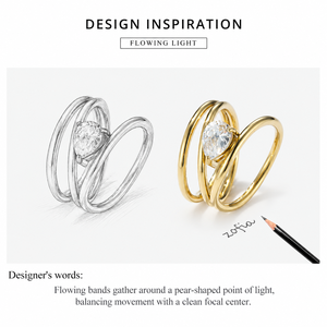 Pear Zircon Multi Band <b>Ring</b> <b>Stainless</b> <b>Steel</b> 14K Gold Vacuum Plated Flowing Gold Tone Statement <b>Ring</b> - Product Image 2