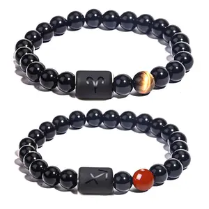 8mm Pulseiras Handmade Star Sign Constelações Horóscopo Pulseira Frisada Natural Preto Onyx Pedra Casais Presentes Jóias