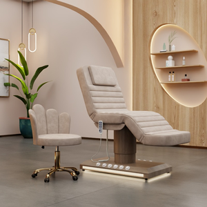 Lit d'extension électrique à trois moteurs avec base imitation bois et revêtement en velours, lit de massage, spa, soins du visage et extensions de cils, avec commande au pied et lampe LED - Product Image 3