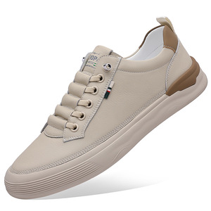 Chilowa Men's Breathable Cowhide Casual Leather Shoes <b>White</b> Sneakers Low <b>Heel</b> Rubber Outsole Leisure Wear - Product Image 4