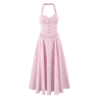 Vestido Largo de Verano para Mujer, Nuevo Estilo Dulce con Estampado Floral, Tejido, Retro, Sexy, con Espalda Descubierta y Cuello Halter