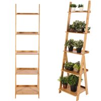 Estante de escalera de bambú de 5 niveles, estante de esquina independiente ajustable, soporte de plantas y flores para jardín y hogar
