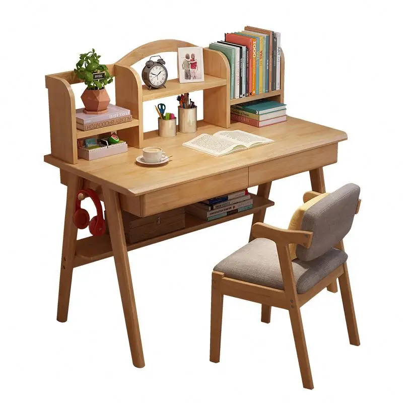 Mesa de madeira maciça nórdica minimalista para computador doméstico, mesa de escrita para estudantes, crianças e combinação de estante