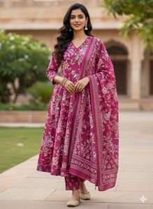 <b>Pink</b> Floral Cotton <b>Salwar</b> <b>Kameez</b> Set Women Modern Regular Fit Length Casual Summer Party Wear India Pakistan Style Quick Dry - Product Image 5